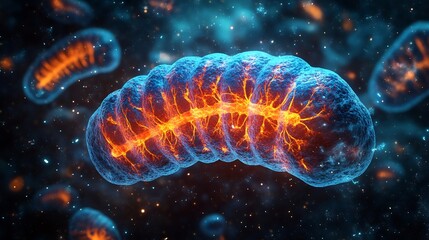 Surreal cellular landscape glowing mitochondria and intricate cytoskeleton illustration of cellular biology
