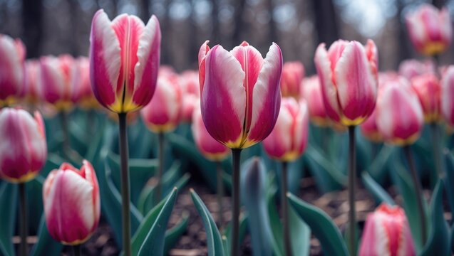 A selective focus of a pink tulip flower growing outdoors amidst other tulips.