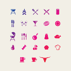 Illustration featuring a variety of food and drink items including fruits vegetables and beverages laid out flat 