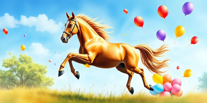Joyful horse gallops, colorful balloons float, whimsical watercolor style, adorable, meadow
