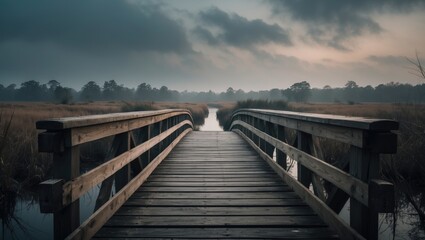 Fototapeta premium A solid wooden bridge over the wetlands.