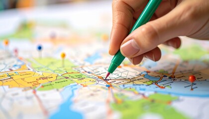 A hand colouring a part of a map with colour markers