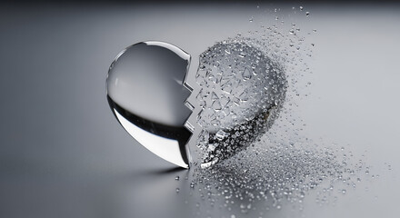 Metaphor of broken trust, glass heart split in half with one side intact and the other crumbling into dust on matte grey surface