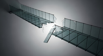 Trust issues concept, shattered glass bridge suspended in midair with one missing plank, dramatic lighting and deep shadows