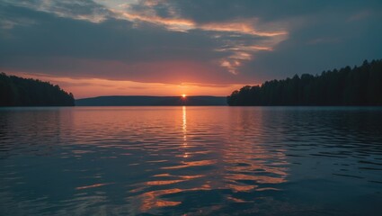 Obraz premium Relaxing sunset over the lake with a blank space for text.