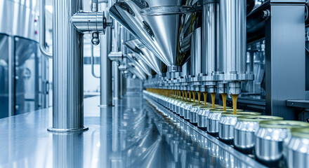 Canning process detail, close-up of filling mechanism dispensing liquid into open cans with polished machinery and reflections