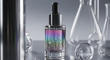 Tailored perfume design, dropper bottle with iridescent liquid and molecular motif on lab-inspired background