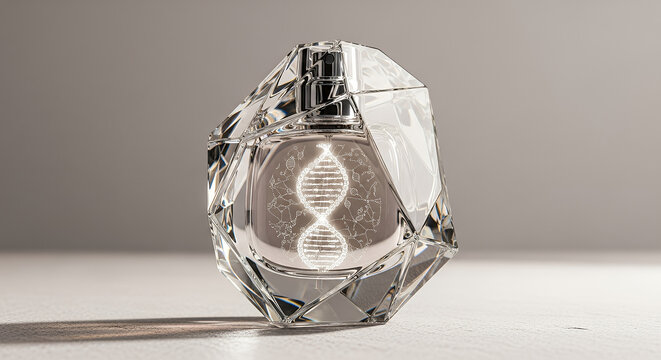 DNA-personalized fragrance, futuristic perfume bottle with crystal design on pale stone background - Powered by Adobe