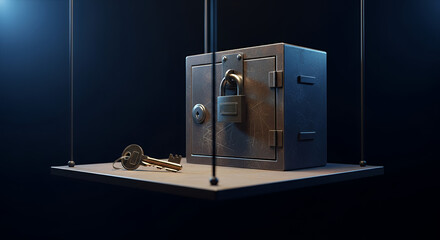 Conceptual trust issues scene, locked metal box with key lying just out of reach on suspended platform in empty space