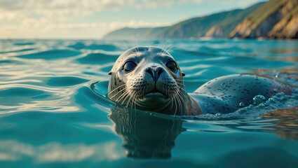 Fototapeta premium A seal sticking its head above water while swimming along the west coast.