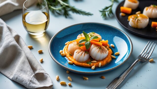 Scallops with carrot puree, sauce, fesalis, pine nuts on a blue plate with napkin, cutlery, and white wine glass, high-quality photo, blank space for text