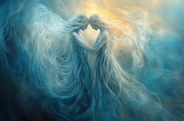 Obraz premium An abstract representation of sisterhood two ethereal female figures intertwined in a graceful, symbolic pose