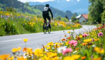 Fototapeta premium Cyclist rides past vibrant flower fields on a road, set against mountains in blurred distance
