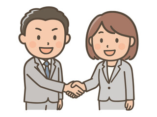 固い握手をするスーツ姿の男女ビジネスマンのイラスト