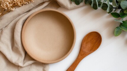 A rustic wooden spoon beside a simple clay bowl on a soft linen cloth with greenery