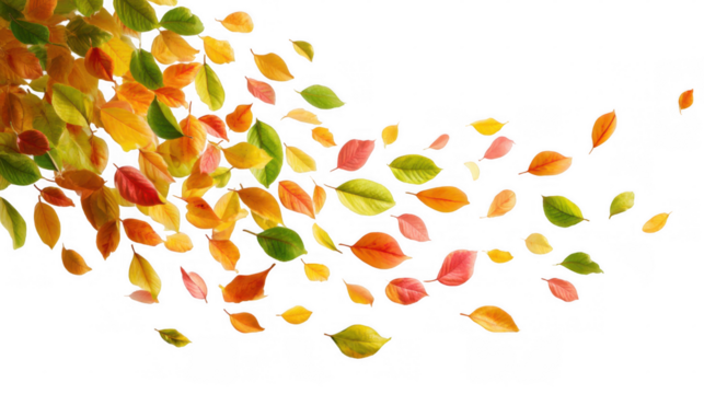 Gentle wind blowing colorful autumn leaves creating a vibrant and dynamic scene against a transparent background, perfect for fall themed designs
