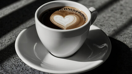 Moody Black and White Coffee Scene &ndash; Cup with Heart-Shaped Foam on Wooden Table in Artistic Low-Key Lighting 8K image 