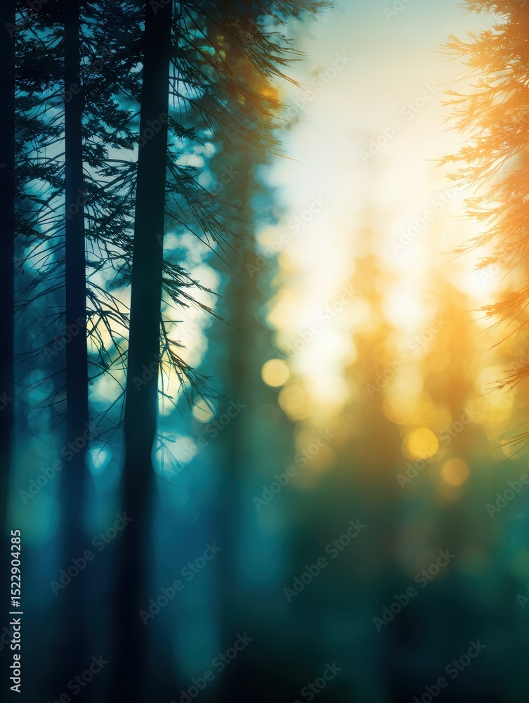 Poster serene forest scene at dawn with soft light filtering through tall trees, creating a tranquil atmosp