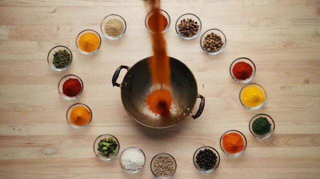Colorful assortment of spices arranged around a cast iron pan, ready for cooking.