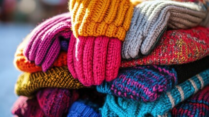 Colorful knitted winter gloves in a pile.