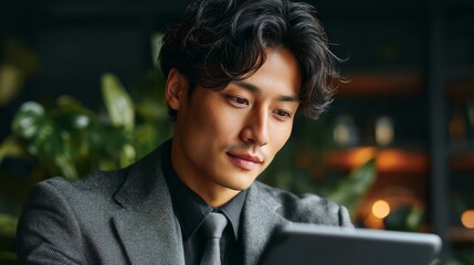洗練されたモダンなオフィスで戦略を練る、集中した日本人男性起業家