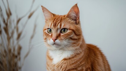 Fototapeta premium A Beautiful Domestic Orange Striped Cat. Animal Portrait in White Background.
