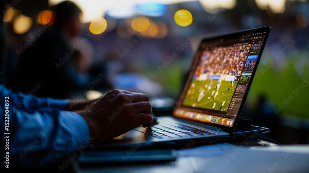 Poster a man is using a laptop to watch a soccer game. the laptop is open to a screen displaying the game. 