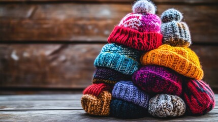 Colorful knitted hats stacked in a wooden background.