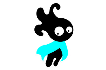 Creative Black Cartoon Mascot with Blue Cloak – Abstract Vector Design. A creative abstract cartoon character in black silhouette style with large expressive eyes and a blue superhero cape.