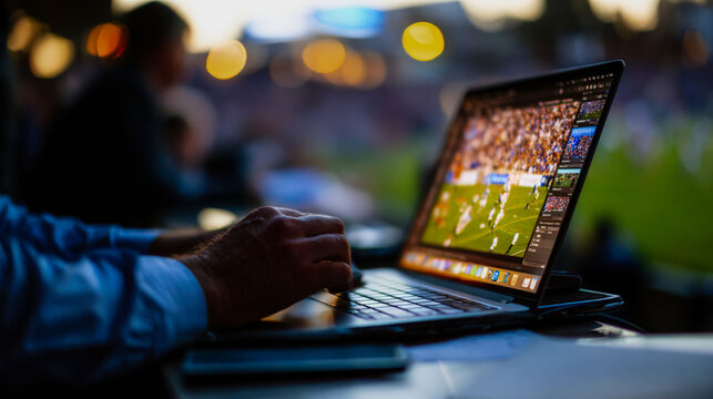 A man is using a laptop to watch a soccer game. The laptop is open to a screen displaying the game. The man is focused on the game, possibly analyzing the plays or cheering for his favorite team