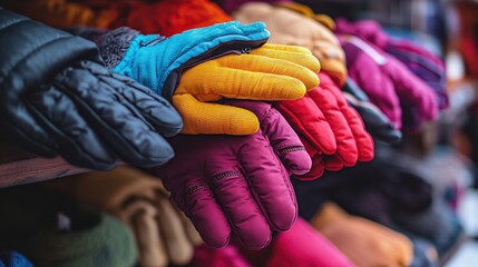 Colorful winter gloves displayed on a wooden shelf.