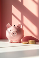 pink piggy bank and some gold coins on white surface with pink background