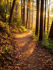 Fototapeta premium Serene autumn trail winding through a vibrant forest with golden leaves and soft sunlight
