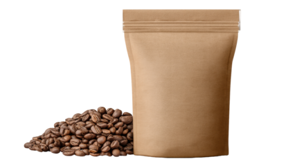 Brown paper bag containing coffee beans isolated on transparent background with natural texture