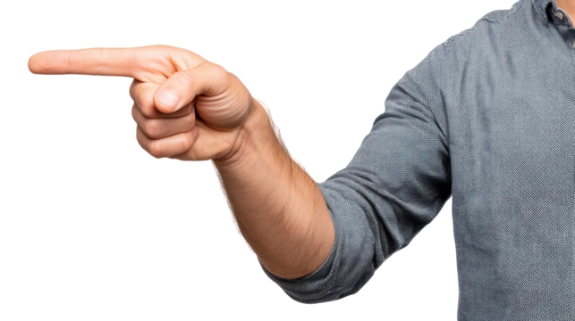 Hand pointing straight on transparent background with isolated male arm in casual shirt
