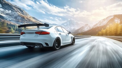 Obraz premium Aggressive sports sedan with an aftermarket spoiler wing cruising on a highway, with motion blur effect to show speed