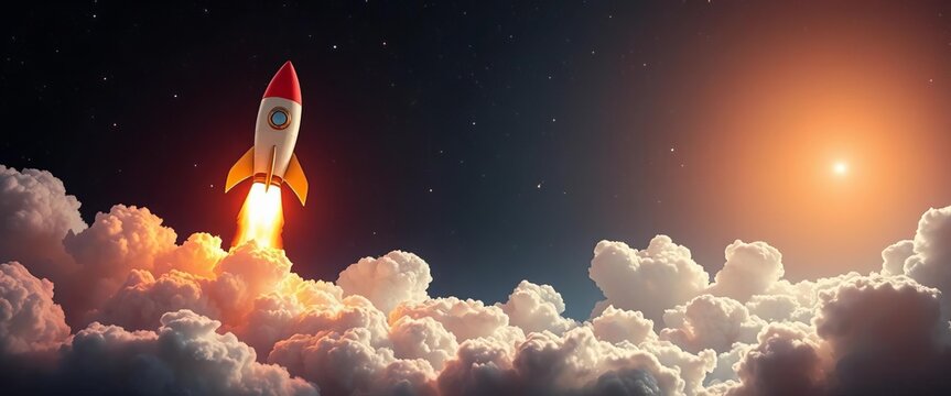 Vibrant rocket blasting off through fluffy clouds, starry backdrop,   powerful,   outer space - Powered by Adobe