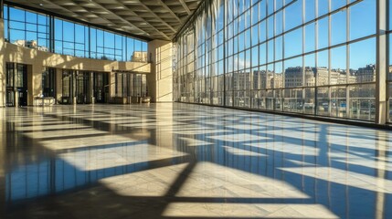Obraz premium Architectural floor scene with clean lines and angled shadows cast by afternoon sunlight through modern glass walls