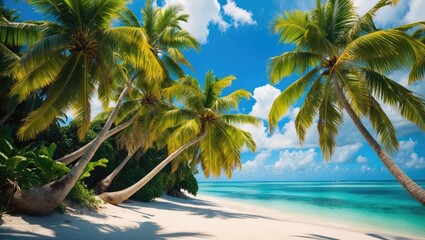 Fototapeta premium Coconut Palm Trees On Tropical Island. Beautiful Green Palms Lush Leaves Against Blue Sky On Exotic Beach with Empty Copy Space For Text
