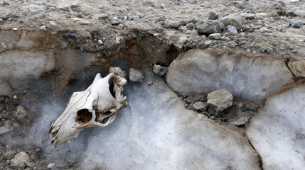 Melting ice exposing ancient animal remains in permafrost soil. Life in permafrost conditions, climate change problems on the planet. Global warming