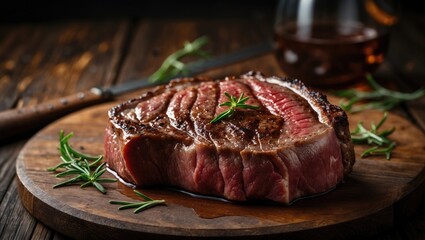 Rib Eye Steak For Dinner featuring a juicy, fresh marbled beef piece on a wooden background with space for text.