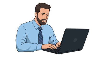 Young caucasian male professional using laptop for office work in blue shirt and tie vector illustration