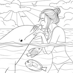 Vector illustration, beautiful girl swimming with dolphin