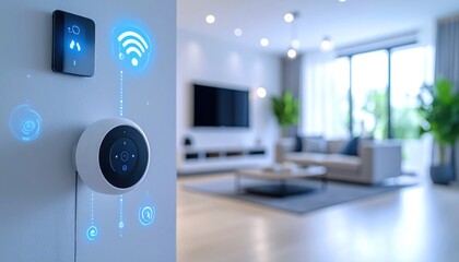 Smart home setup with glowing digital UI overlays on wall-mounted devices, living room out of focus