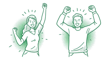 Excited young adults celebrating success with raised fists in line art style vector illustration