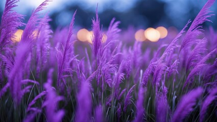 Close Up Of Beautiful Purple Firework Fountain Grasses With Blurred Background. With Empty Copy Space For Text
