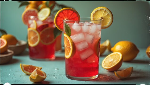 Red and citrus fruit drink, refreshing drink cocktail lemonade, natural fruit juice image with empty copy space for text.