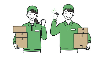 Couriers delivering packages in green uniforms illustration vector illustration