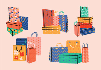Set of five stacks of shoe boxes with various craft paper shopping or gift bags. Sacks for purchases, presents in retro cartoon. Hand drawn colored vector flat illustration. Shopping, sale concept.