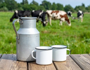 Aluminium retro jug and cups of milk on wooden table in the countryside, herd of cows in background. © Kati Lenart